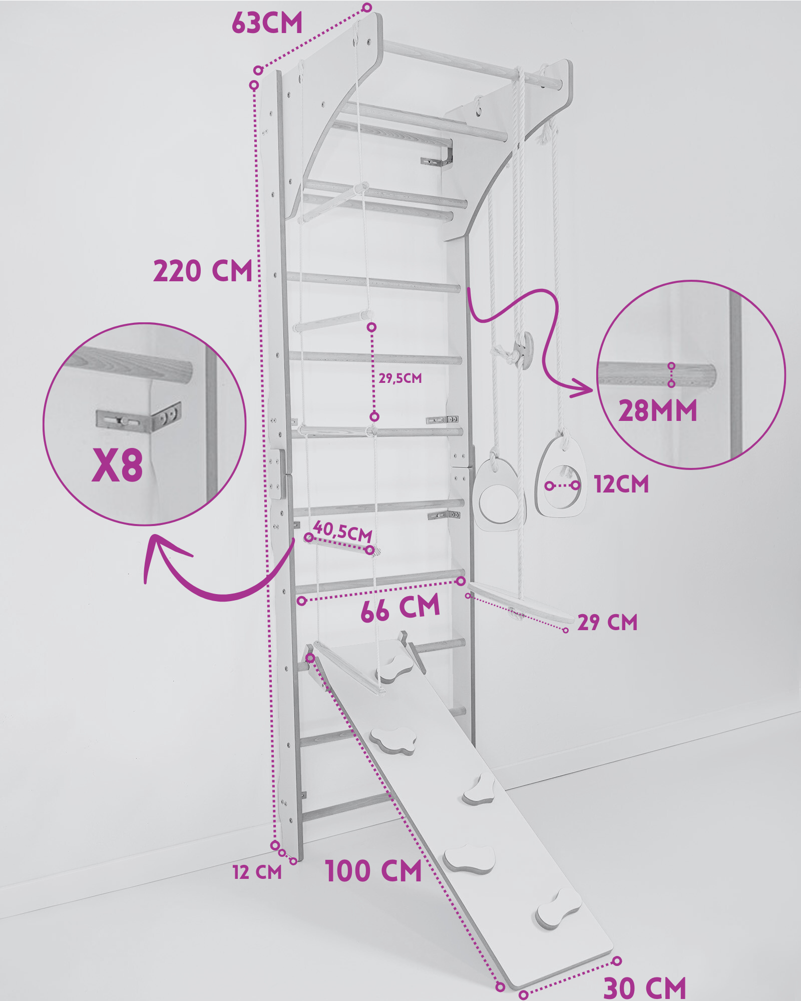 drabinka gimnastyczna z drążkiem gimnastycznym, zjeżdżalnią, uchwytami