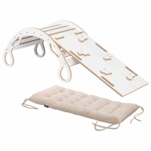 Bujak Drewniany Montessori ze ścianką-zjeżdżalnią i poduszką velvet - Zestaw 3w1 - Zosia L - Biały