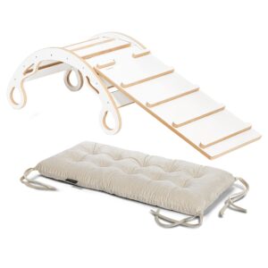 Bujak Drewniany Montessori z drabinką-zjeżdżalnią i poduszką velvet - Zestaw 3w1 - Zosia M - Biały