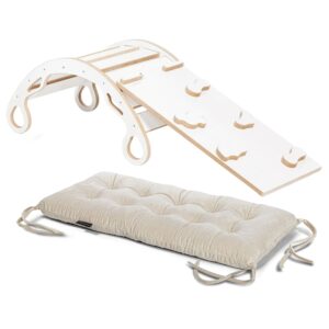 Bujak Drewniany Montessori ze ścianką-zjeżdżalnią i poduszką velvet - Zestaw 3w1 - Zosia M - Biały