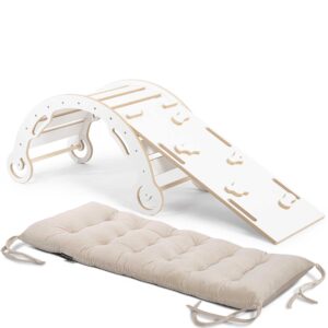 Bujak Drewniany Montessori ze ścianką-zjeżdżalnią i poduszką velvet - Zestaw 3w1 - Leo L - Biały