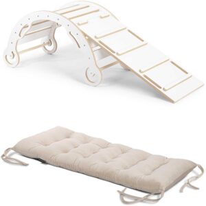 Bujak Drewniany Montessori z drabinką-zjeżdżalnią i poduszką velvet - Zestaw 3w1 - Leo L - Biały