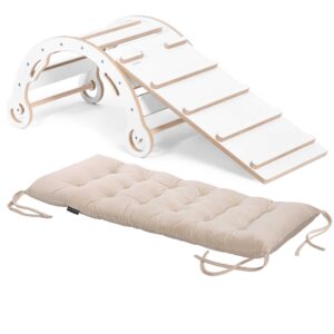 Bujak Drewniany Montessori z drabinką-zjeżdżalnią i poduszką velvet - Zestaw 3w1 - Leo M - Biały